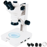 Microscópio Estereoscópico Trinocular, Zoom 0.8X ~ 5X, Aumento 8X a 200X, Iluminação Transmitida e Refletida LED 2W